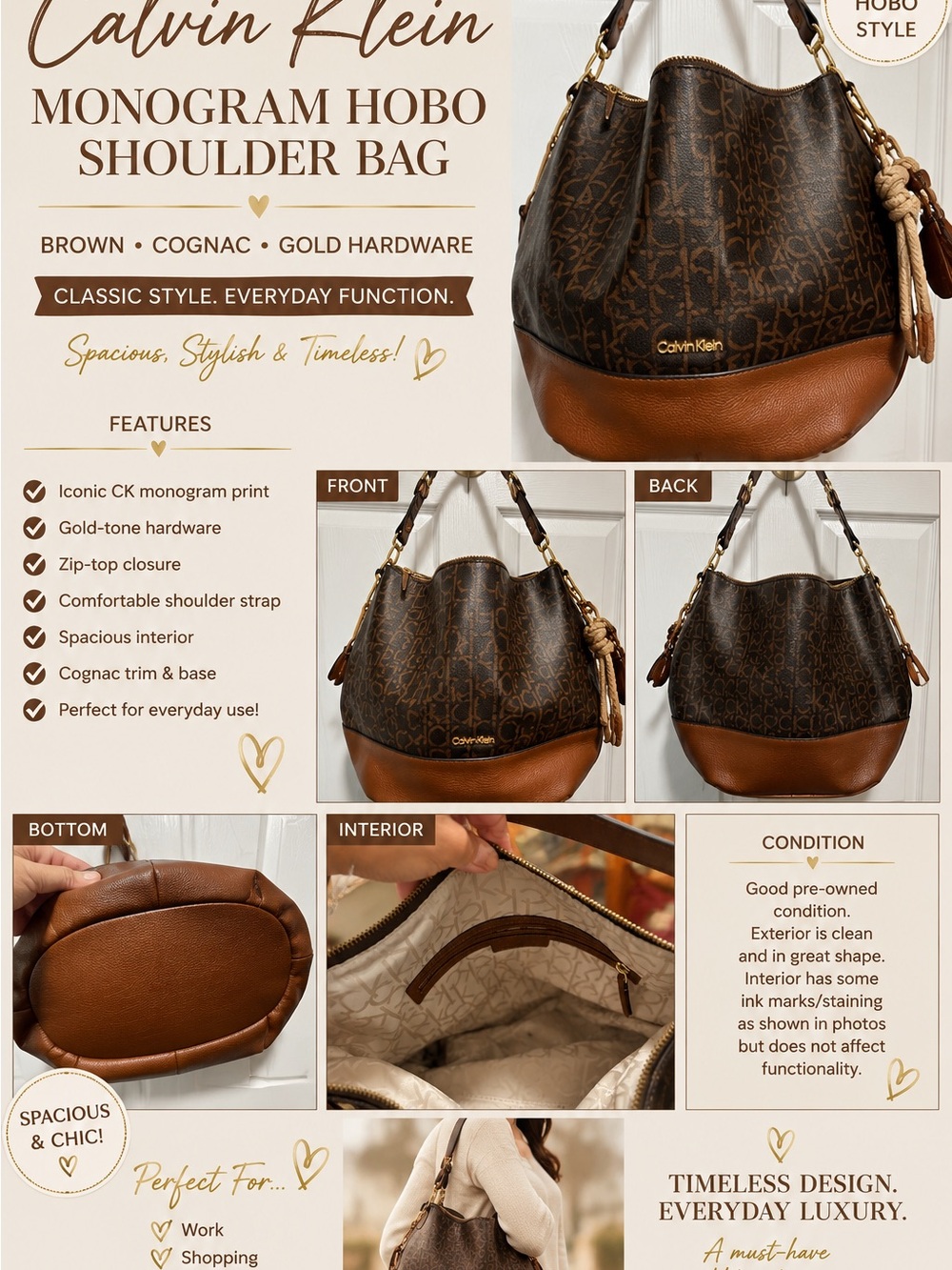 Calvin Klein Brown & Cognac Monogram Hobo Shoulder Bag